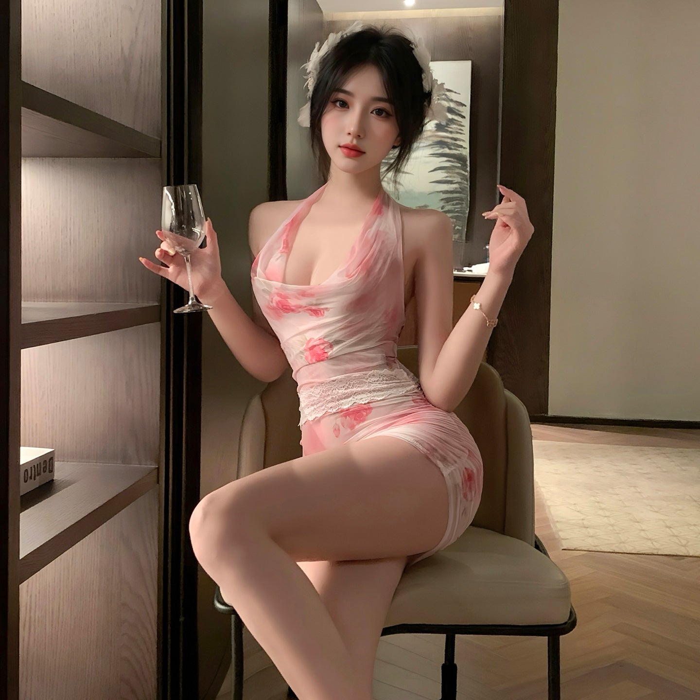 Women's Halter Neck Bodycon Mini Dress - Floral Print Ruched Backless Party Club Dress