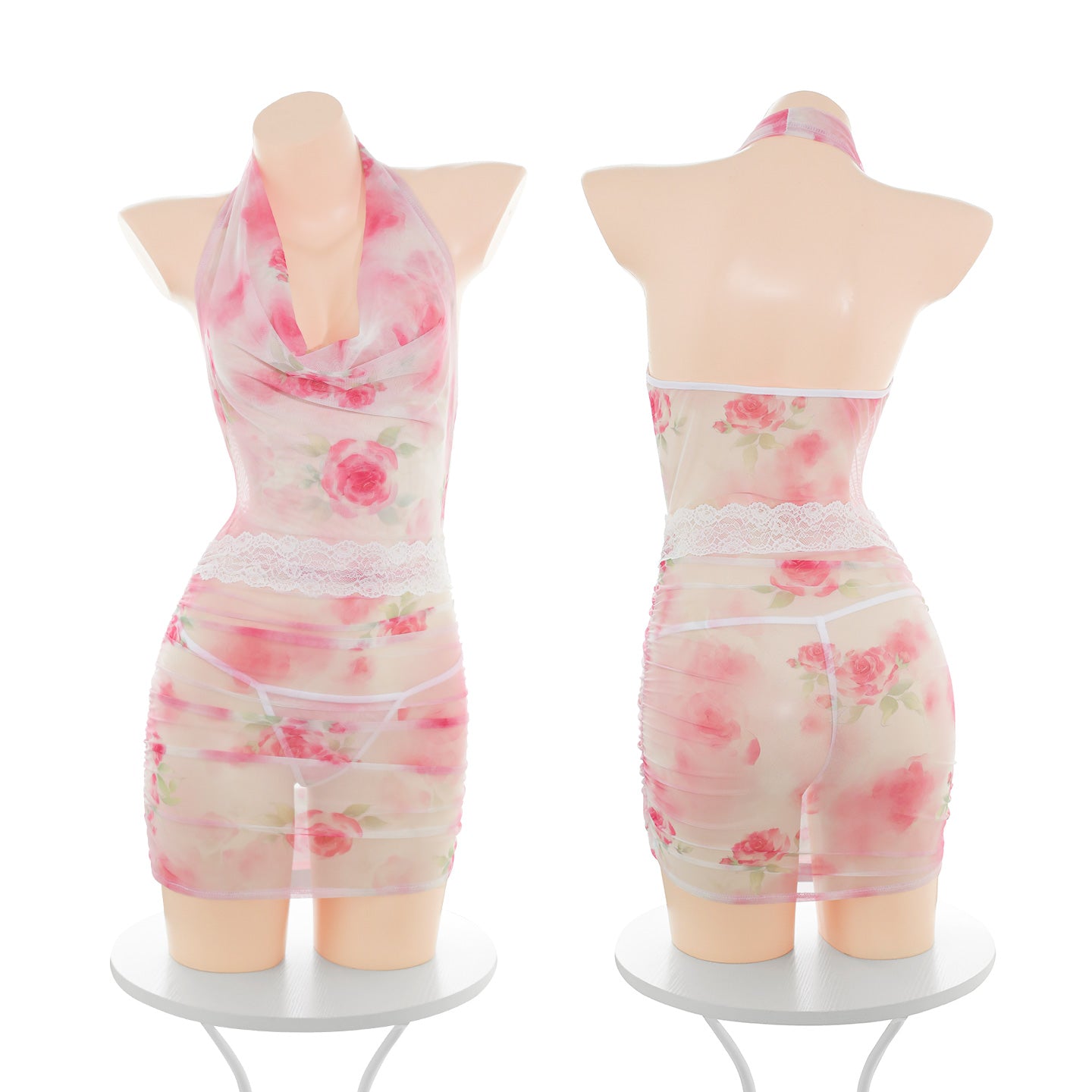 Women's Halter Neck Bodycon Mini Dress - Floral Print Ruched Backless Party Club Dress