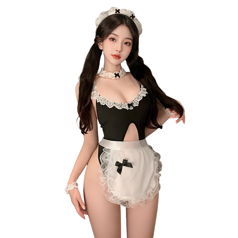 Women's French Maid Lingerie Set - Crotchless Bodysuit, Ruffle Apron, Headband, & Garter - Roleplay Costume