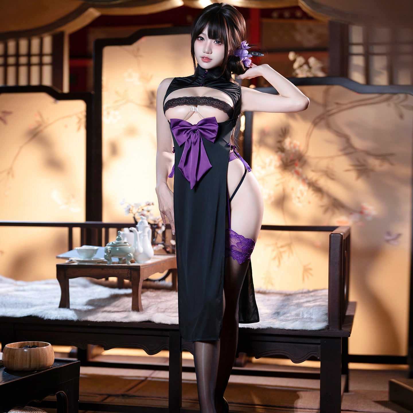 Exotic Lingerie Cheongsam Gown - Sheer Black Slit Qipao with High Thigh Detail, Seductive Black Cheongsam Dress