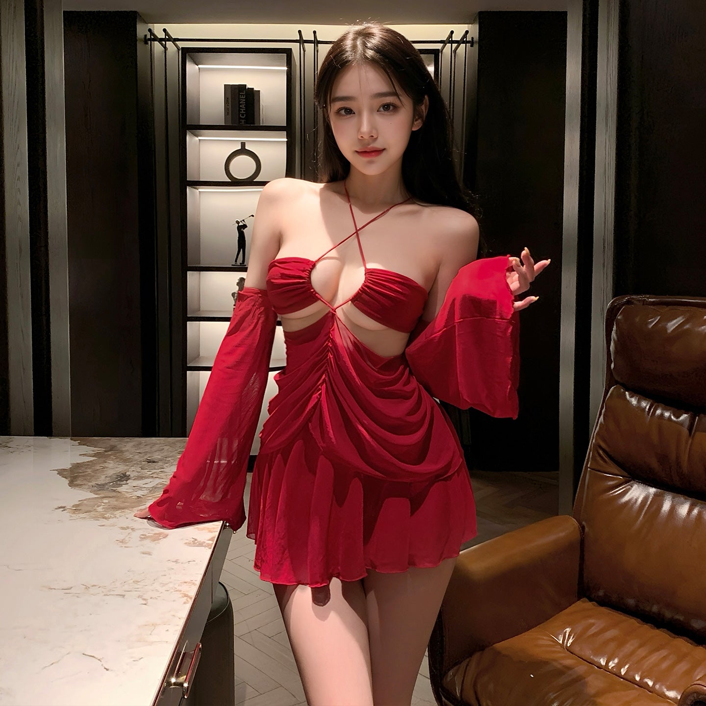 Women's Sexy Halter Neck Cutout Bodycon Mini Dress Sheer Sleeve | Summer Backless Ruched Party Club Dress