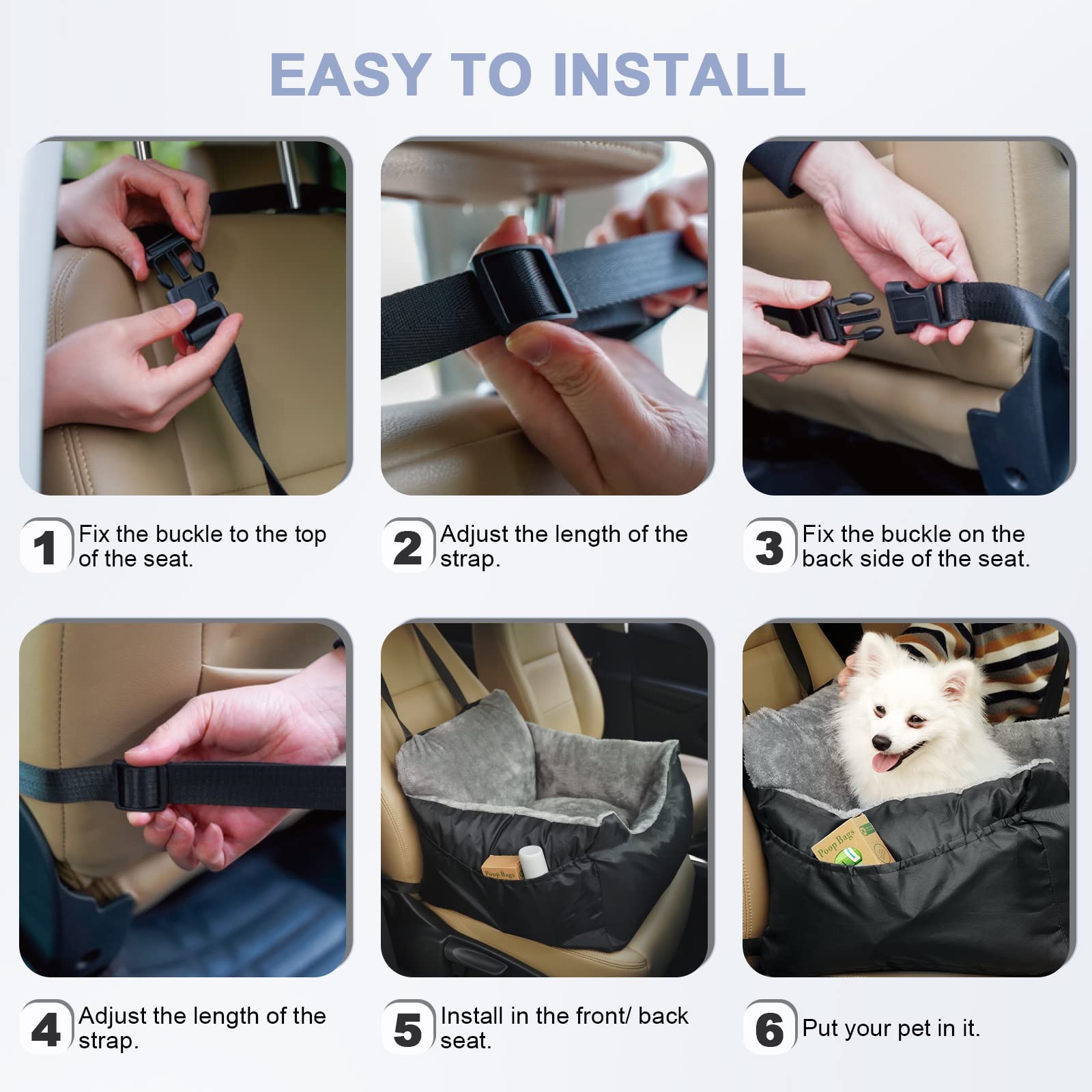 DogBaby Dog Car Seat for Small Dogs, Detachable and Washable Pet Car Seat, Small Dog Car Seat with Storage Pockets and Adjustable Clip-On Leash