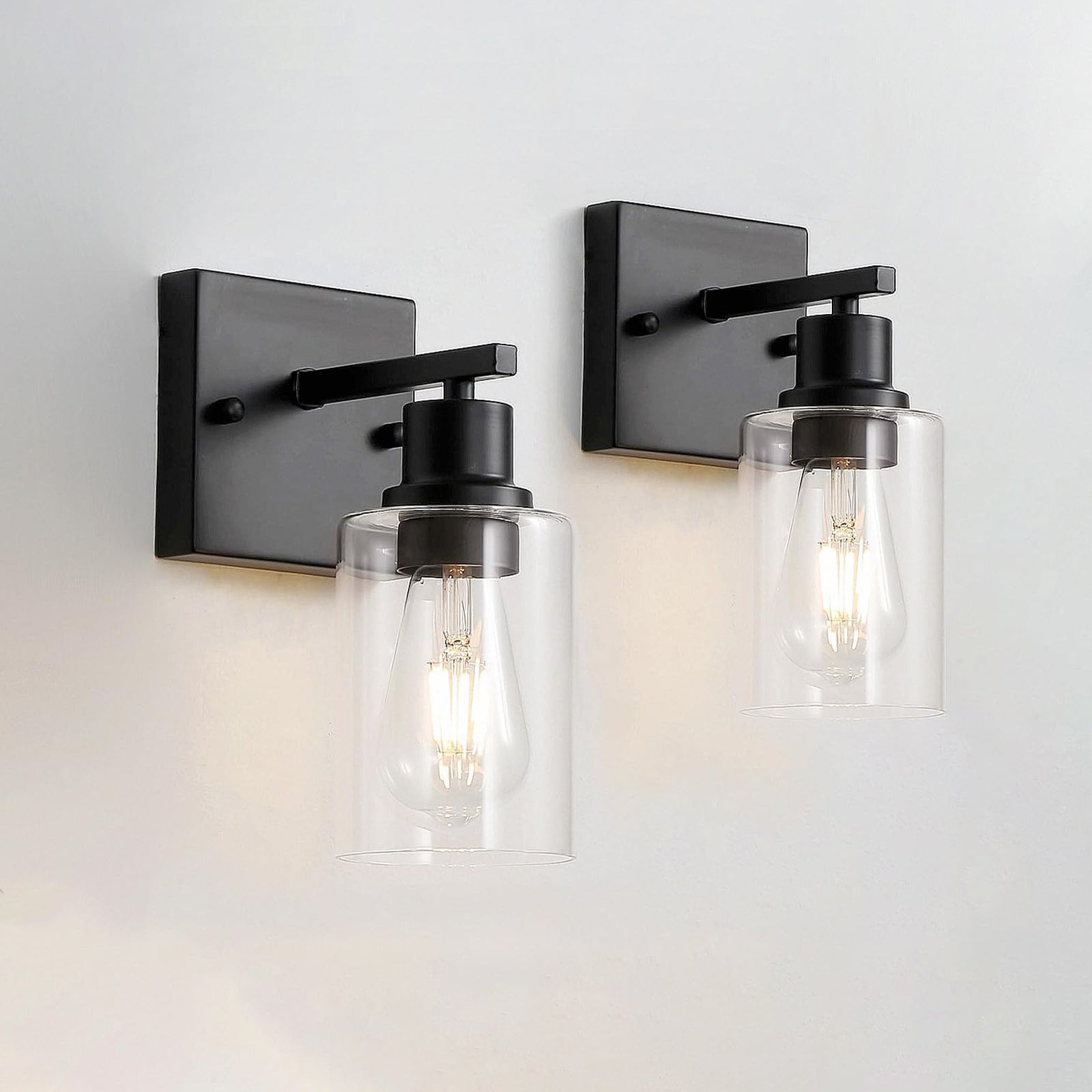 Modern Farmhouse Wall Sconces (Set of 2) – Matte Black Bathroom Vanity Lights with Glass Shades for Bedroom, Hallway