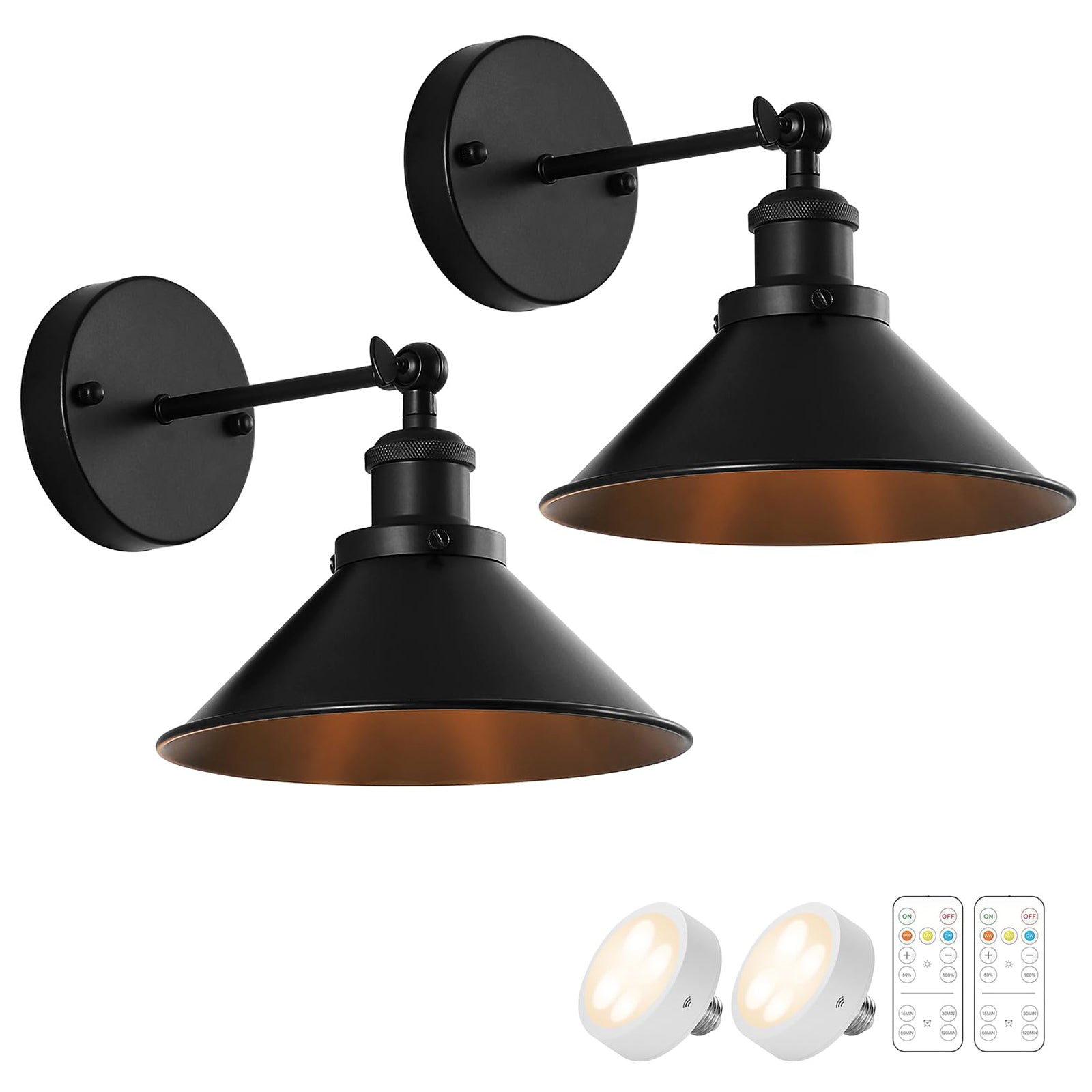 Vintage Wireless Battery Operated Wall Sconces, Industrial Cordless Battery Powered Led Wall Lights Set of 2, Wall Lamp Fixture Indoor with Remote Control