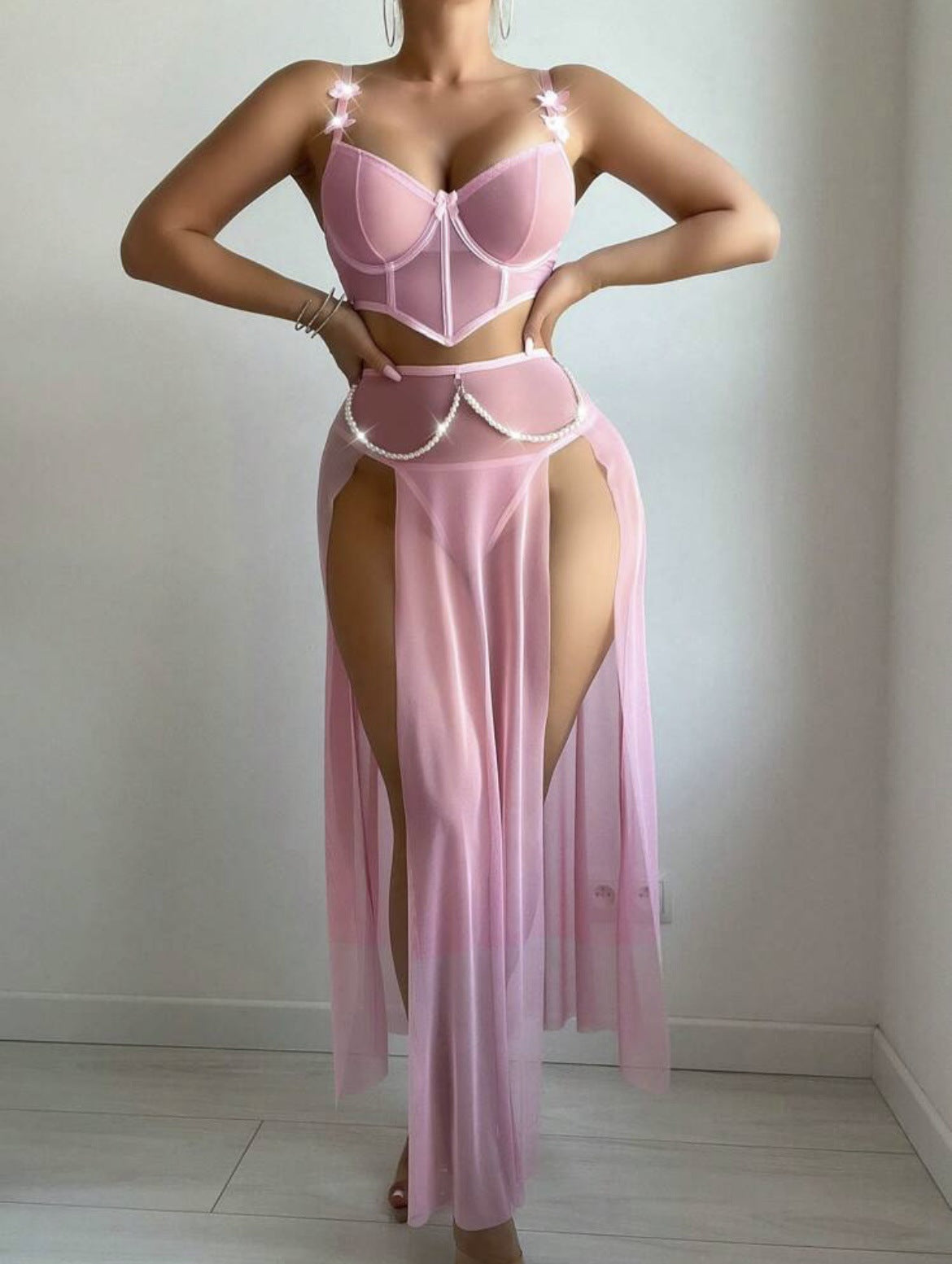 Sheer Mesh Pearl Lace Slip Dress | Sensual Bodycon Nightwear for Women