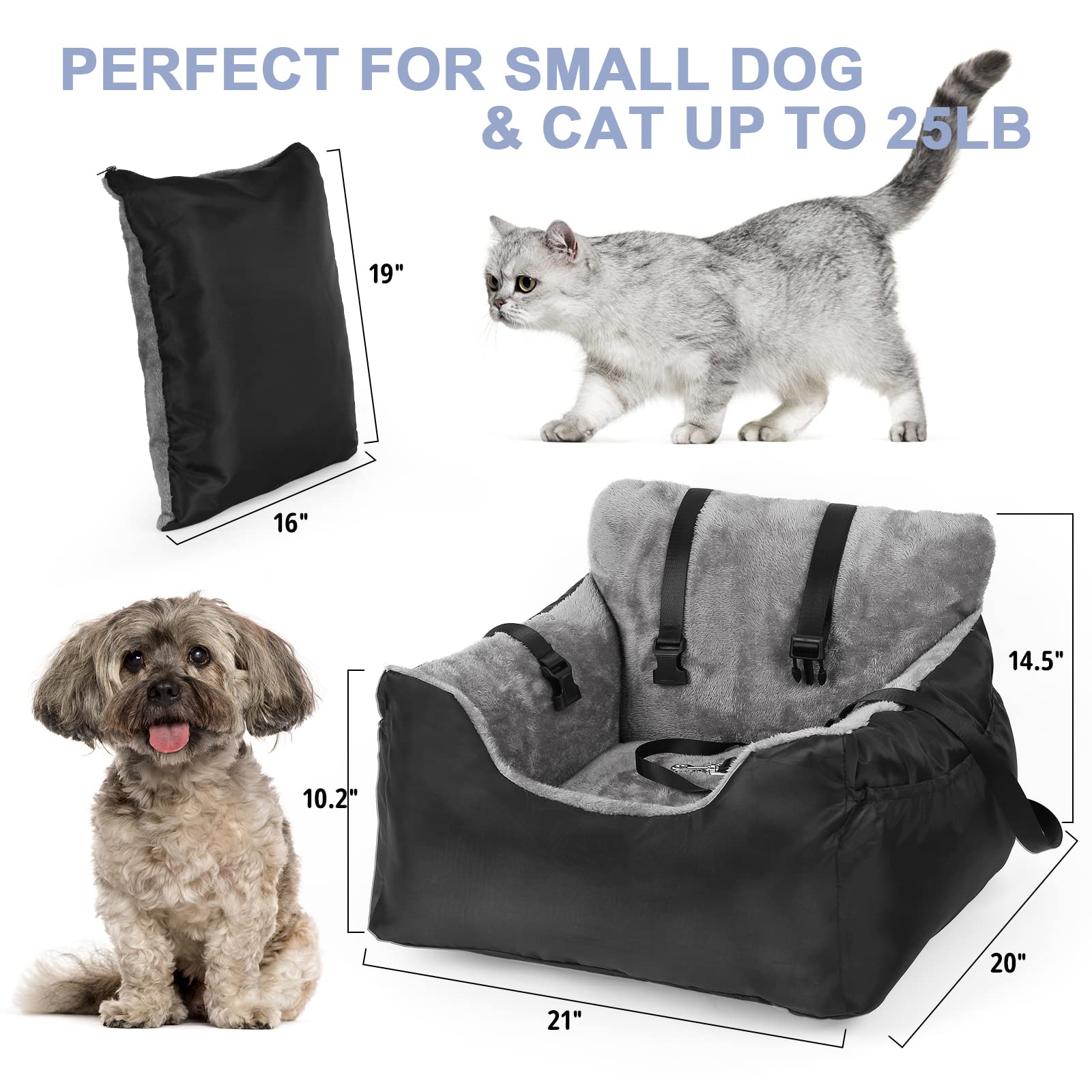 DogBaby Dog Car Seat for Small Dogs, Detachable and Washable Pet Car Seat, Small Dog Car Seat with Storage Pockets and Adjustable Clip-On Leash
