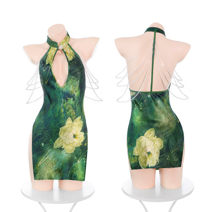 Sexy Green Lotus Cheongsam Dress with Pearl Details, Women's Sexy Green Lotus Print Cheongsam Mini Dress - Halter Neck Qipao