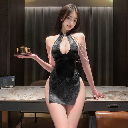 Casino Night Seduction Cheongsam - Dealer's Choice Halter Mini Dress, Alluring Deep V Halter Cheongsam Dress