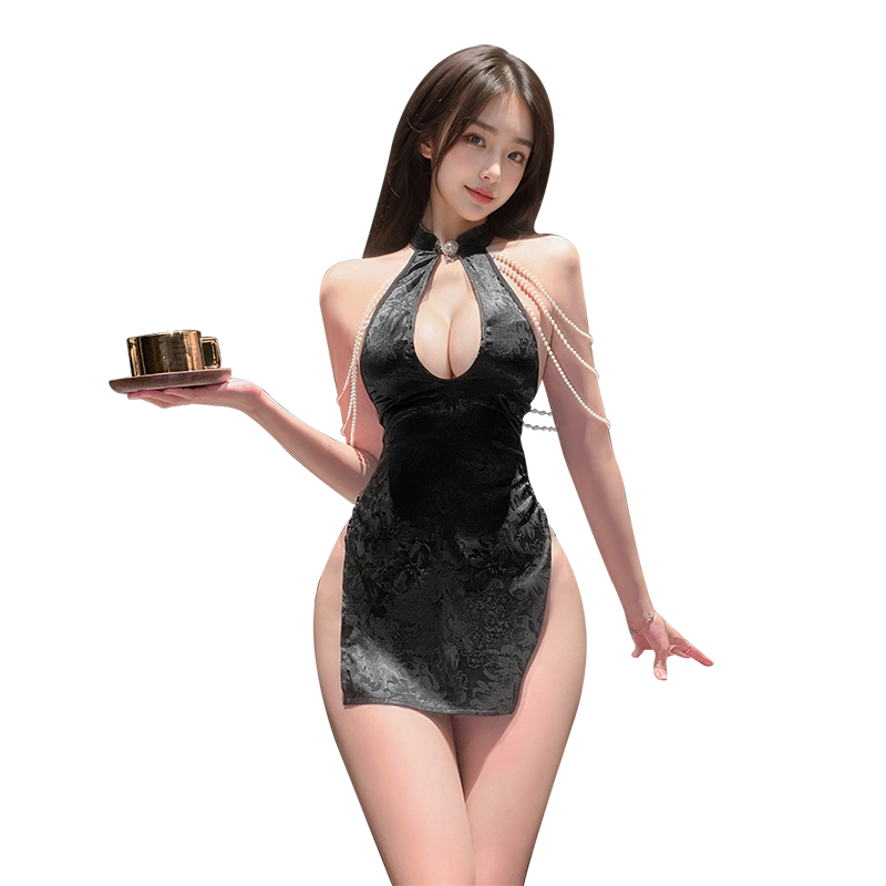 Casino Night Seduction Cheongsam - Dealer's Choice Halter Mini Dress, Alluring Deep V Halter Cheongsam Dress