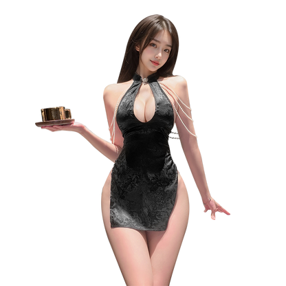 Casino Night Seduction Cheongsam - Dealer's Choice Halter Mini Dress, Alluring Deep V Halter Cheongsam Dress