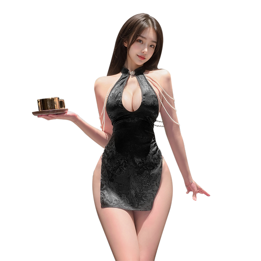 Casino Night Seduction Cheongsam - Dealer's Choice Halter Mini Dress, Alluring Deep V Halter Cheongsam Dress