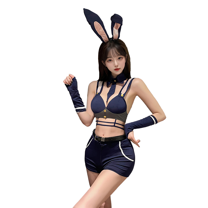 Women's Sexy Bunny Inspector Lingerie Costume - Open Crotch Bodysuit & Ear Set for Roleplay