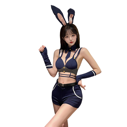Women's Sexy Bunny Inspector Lingerie Costume - Open Crotch Bodysuit & Ear Set for Roleplay