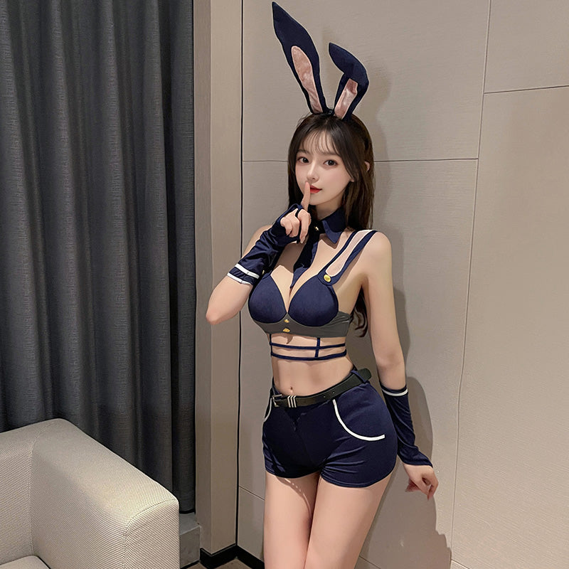 Women's Sexy Bunny Inspector Lingerie Costume - Open Crotch Bodysuit & Ear Set for Roleplay