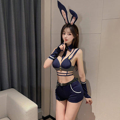 Women's Sexy Bunny Inspector Lingerie Costume - Open Crotch Bodysuit & Ear Set for Roleplay