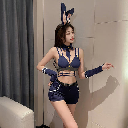 Women's Sexy Bunny Inspector Lingerie Costume - Open Crotch Bodysuit & Ear Set for Roleplay