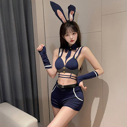 Women's Sexy Bunny Inspector Lingerie Costume - Open Crotch Bodysuit & Ear Set for Roleplay