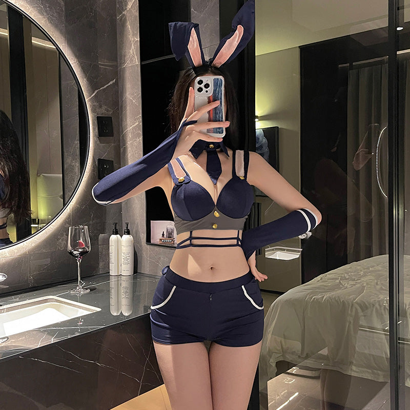 Women's Sexy Bunny Inspector Lingerie Costume - Open Crotch Bodysuit & Ear Set for Roleplay
