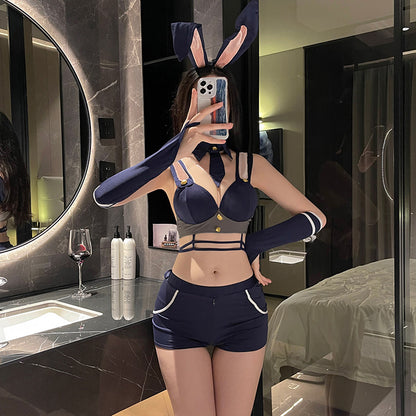 Women's Sexy Bunny Inspector Lingerie Costume - Open Crotch Bodysuit & Ear Set for Roleplay