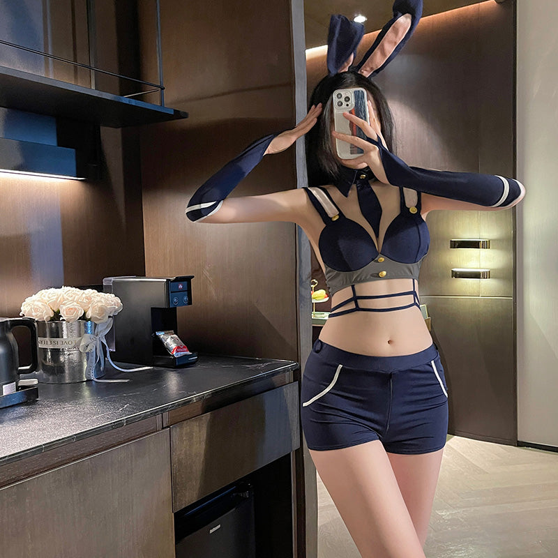 Women's Sexy Bunny Inspector Lingerie Costume - Open Crotch Bodysuit & Ear Set for Roleplay
