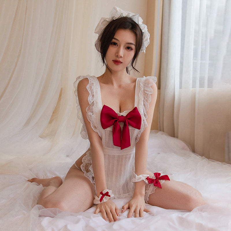 Alluring Maid Outfit for Women - Sexy Backless Apron Lingerie with Red Bow-Tie - Cosplay Roleplay Babydoll