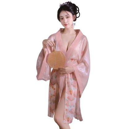 Women's Sexy Hanfu Lingerie Robe Set, Elegant Sheer Hanfu Kimono with Floral Print