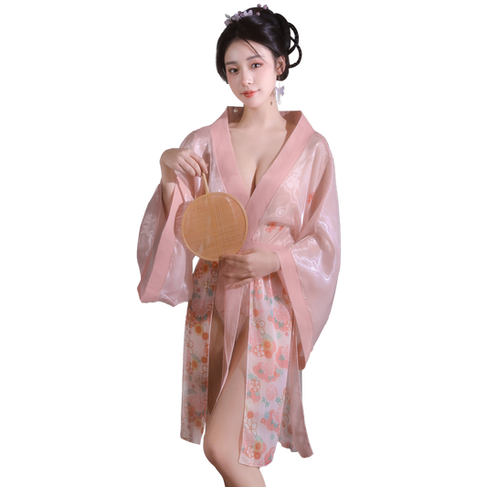 Women's Sexy Hanfu Lingerie Robe Set, Elegant Sheer Hanfu Kimono with Floral Print