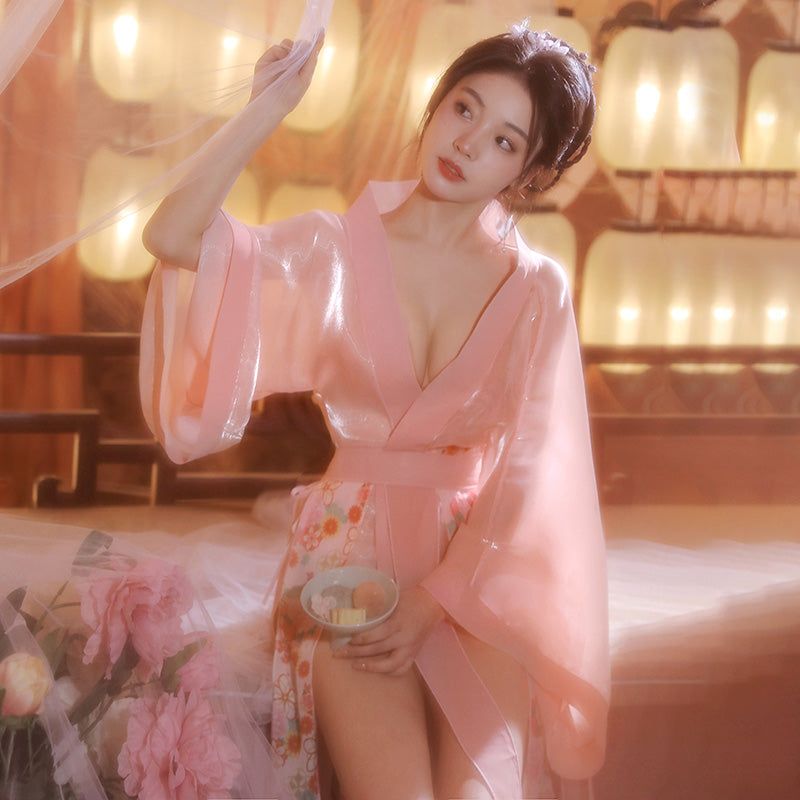 Women's Sexy Hanfu Lingerie Robe Set, Elegant Sheer Hanfu Kimono with Floral Print