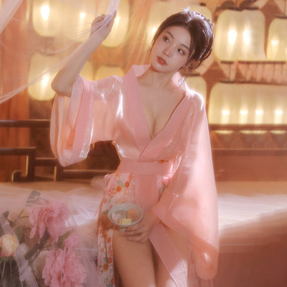 Women's Sexy Hanfu Lingerie Robe Set, Elegant Sheer Hanfu Kimono with Floral Print