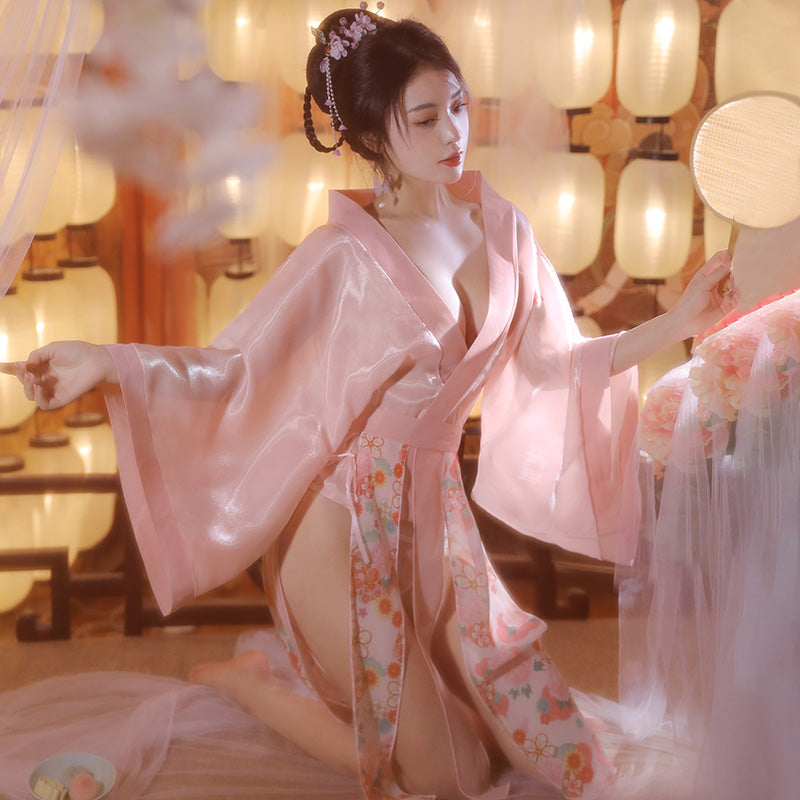 Women's Sexy Hanfu Lingerie Robe Set, Elegant Sheer Hanfu Kimono with Floral Print