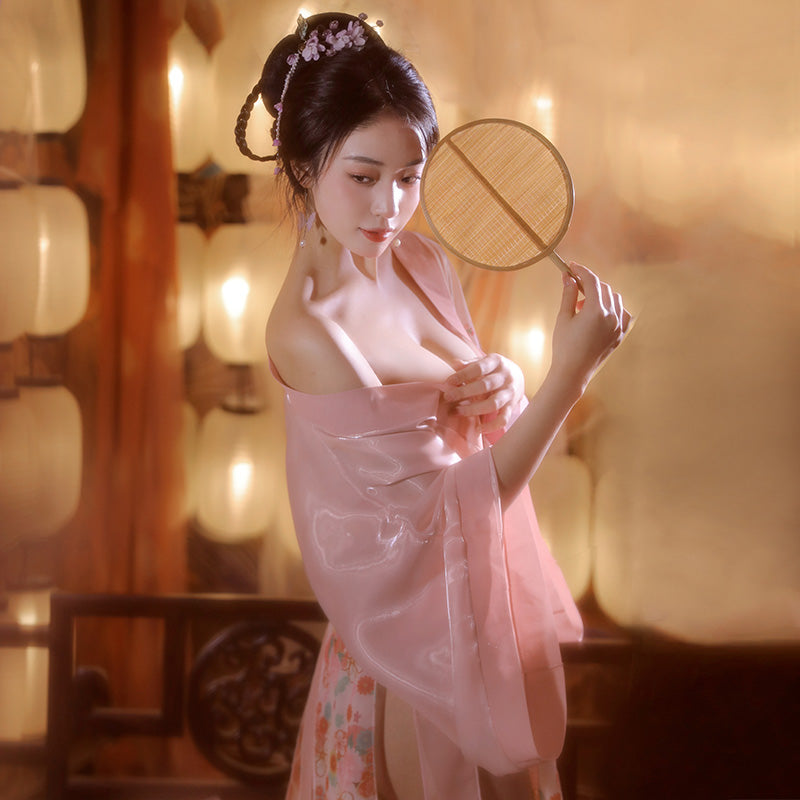 Women's Sexy Hanfu Lingerie Robe Set, Elegant Sheer Hanfu Kimono with Floral Print