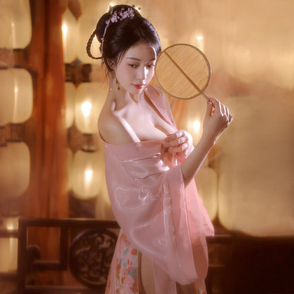 Women's Sexy Hanfu Lingerie Robe Set, Elegant Sheer Hanfu Kimono with Floral Print