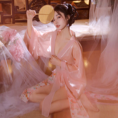 Women's Sexy Hanfu Lingerie Robe Set, Elegant Sheer Hanfu Kimono with Floral Print