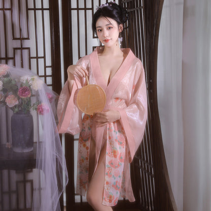 Women's Sexy Hanfu Lingerie Robe Set, Elegant Sheer Hanfu Kimono with Floral Print