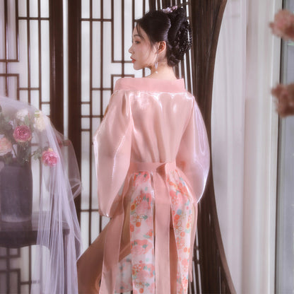 Women's Sexy Hanfu Lingerie Robe Set, Elegant Sheer Hanfu Kimono with Floral Print