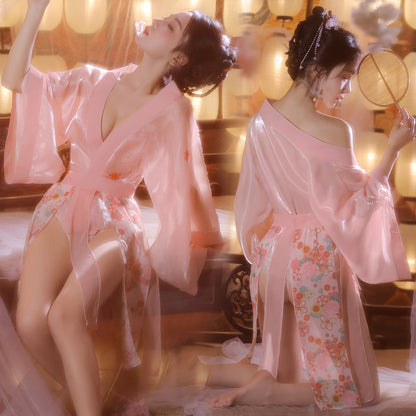 Women's Sexy Hanfu Lingerie Robe Set, Elegant Sheer Hanfu Kimono with Floral Print