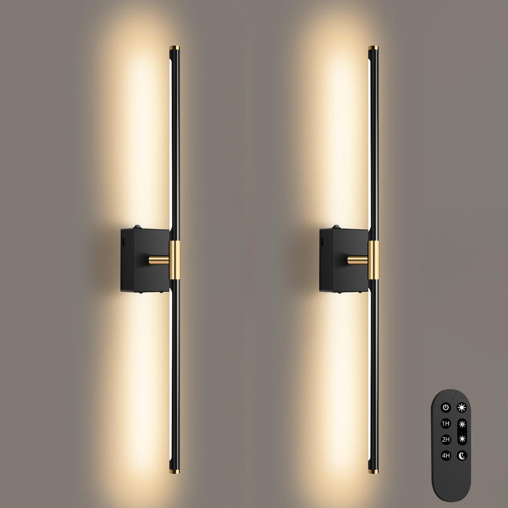 Wall Sconces Set of 2 Battery Operated, Wireless USB Rechargeable Wall Lights with Remote Control, 360° Rotation, 8000mAh LED Dimmable Picture Lamp (30in Black)