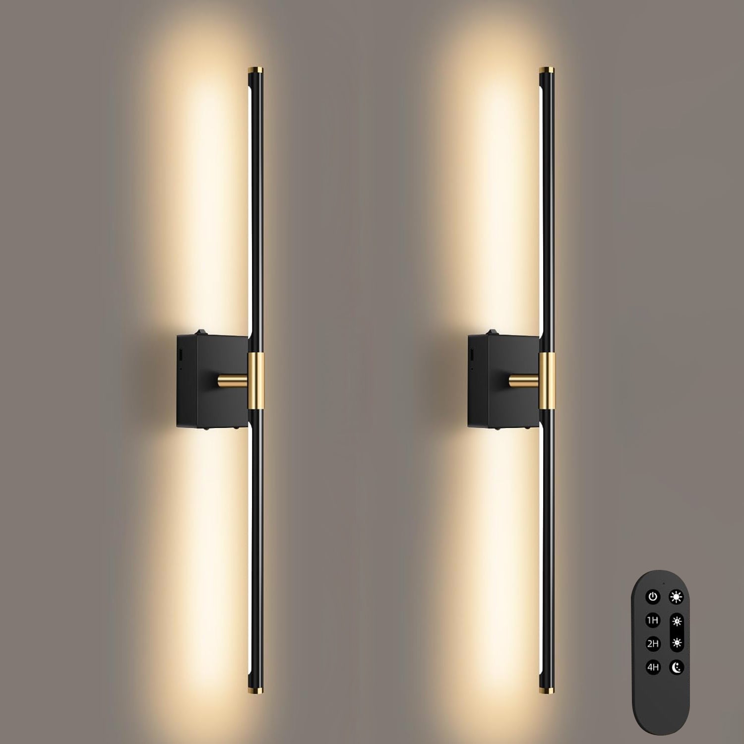Wall Sconces Set of 2 Battery Operated, Wireless USB Rechargeable Wall Lights with Remote Control, 360° Rotation, 8000mAh LED Dimmable Picture Lamp (30in Black)