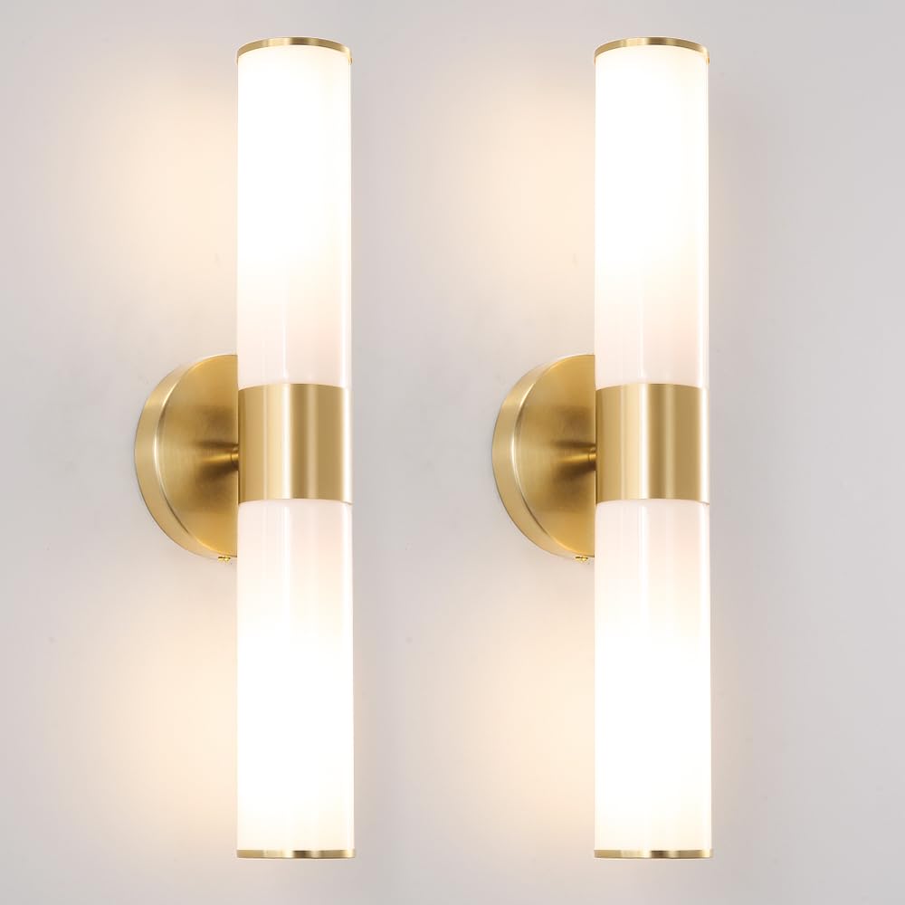 Gold Wall Sconces Set of 2, Hardwired Bathroom Vanity Light Fixture, Brass Sconce Wall Lighting, Modern Wall Light Set of Two, Cylinder Lamp for Bathroom Mirror Hallway Bedroom (Bulbs Required)
