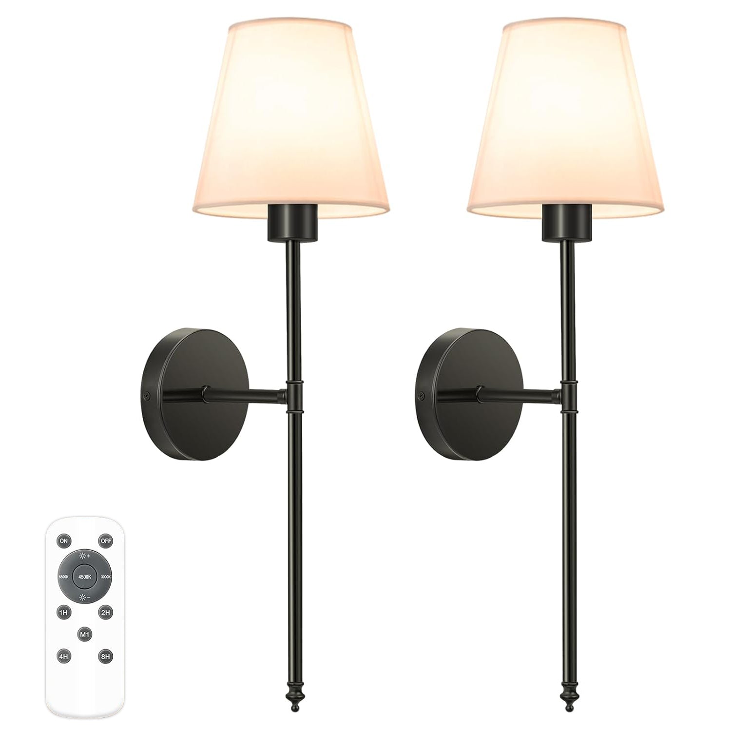 Battery Operated Wall Sconce Set of 2,Black Rechargeable Wall Lights with 5200mAh Dimmable Detachable Bulbs and Remote, 10 Colors Wireless Wall Lamps