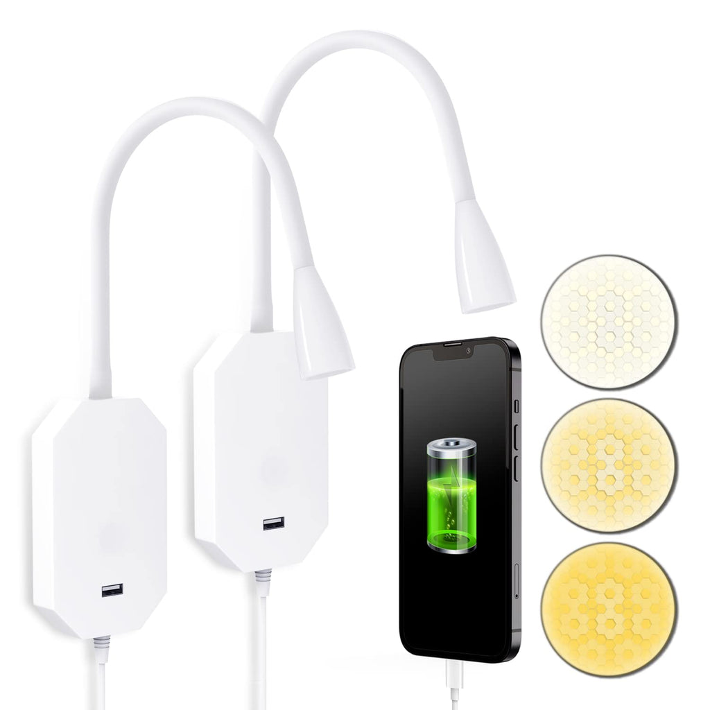 Adust Wall Mounted Reading Light for Bedside Bed Headboard, Touch Dimmable, 3 Color Temperature with USB Port, Gooseneck, Plug-in & No-Drilling Attach, 3000k, 4000k,6000k
