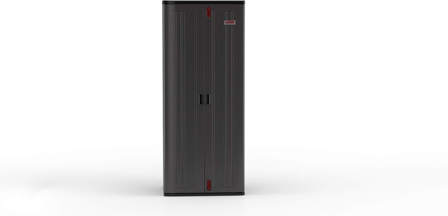 Suncast 19 Cubic Ft. Heavy-Duty Resin Cabinet with Lockable Handles, Multi-Wall Construction, and Metal-Reinforced Shelves for Basement, Utility Room and Garage Storage, Black, Made in the USA