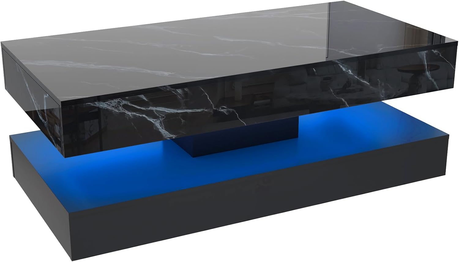 47inch Large High-Glossy LED Coffee Table with 2 Sliding Drawers, Living Room Storage Tables with Marbling Print, Modern Stylish Double-Layer Center Tables w/LED Lights, Black