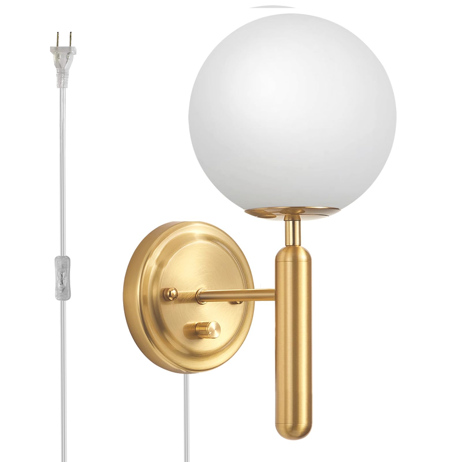 Dimmable Plug in Wall Sconces Set of 2 with Milky Glass Globe Shade, Gold Wall Light with Plug in Electric Cord Dimmer Knob Switch Mid Century Modern Vintage Wall Lamp for Bedroom Bedside Living Room