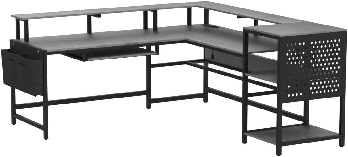 SEDETA L Shaped Gaming Desk, Convertible 96" Home Office Desk or Corner Desk, L Shaped Table with Power Outlets & LED Strip, Monitor Stand, Keyboard Tray, Pegboard and Storage Shelves, Grey