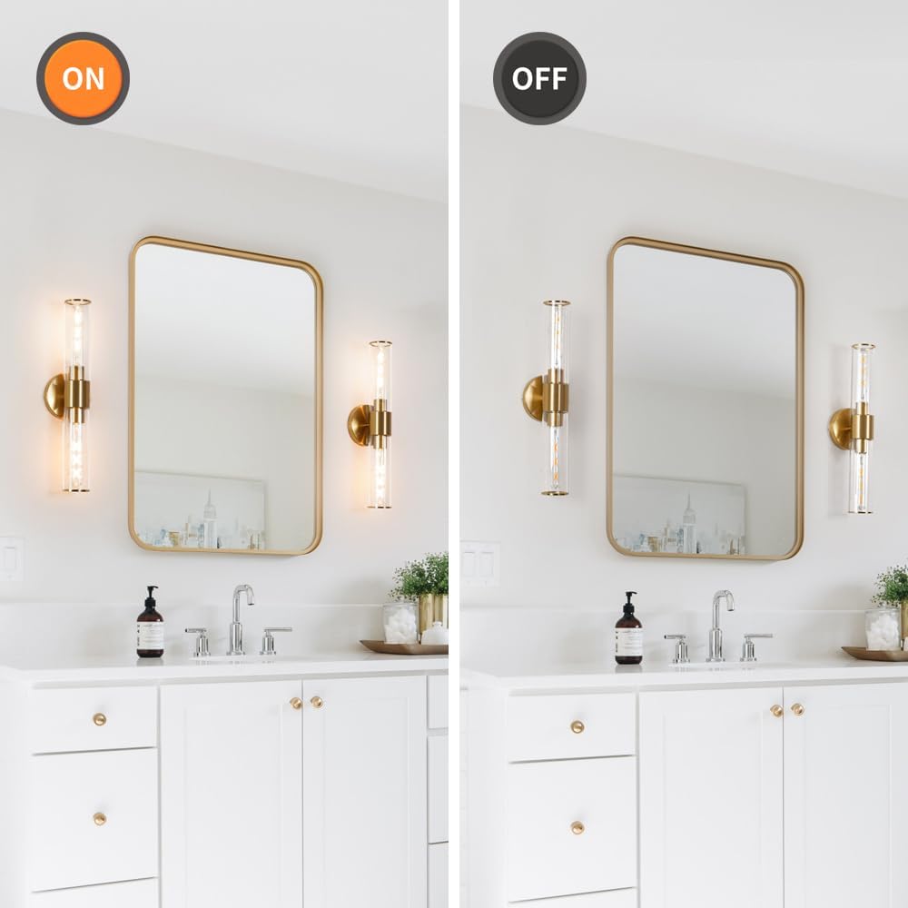 Gold Wall Sconces Set of 2, Hardwired Bathroom Vanity Light Fixture, Brass Sconce Wall Lighting, Modern Wall Light Set of Two, Cylinder Lamp for Bathroom Mirror Hallway Bedroom (Bulbs Required)