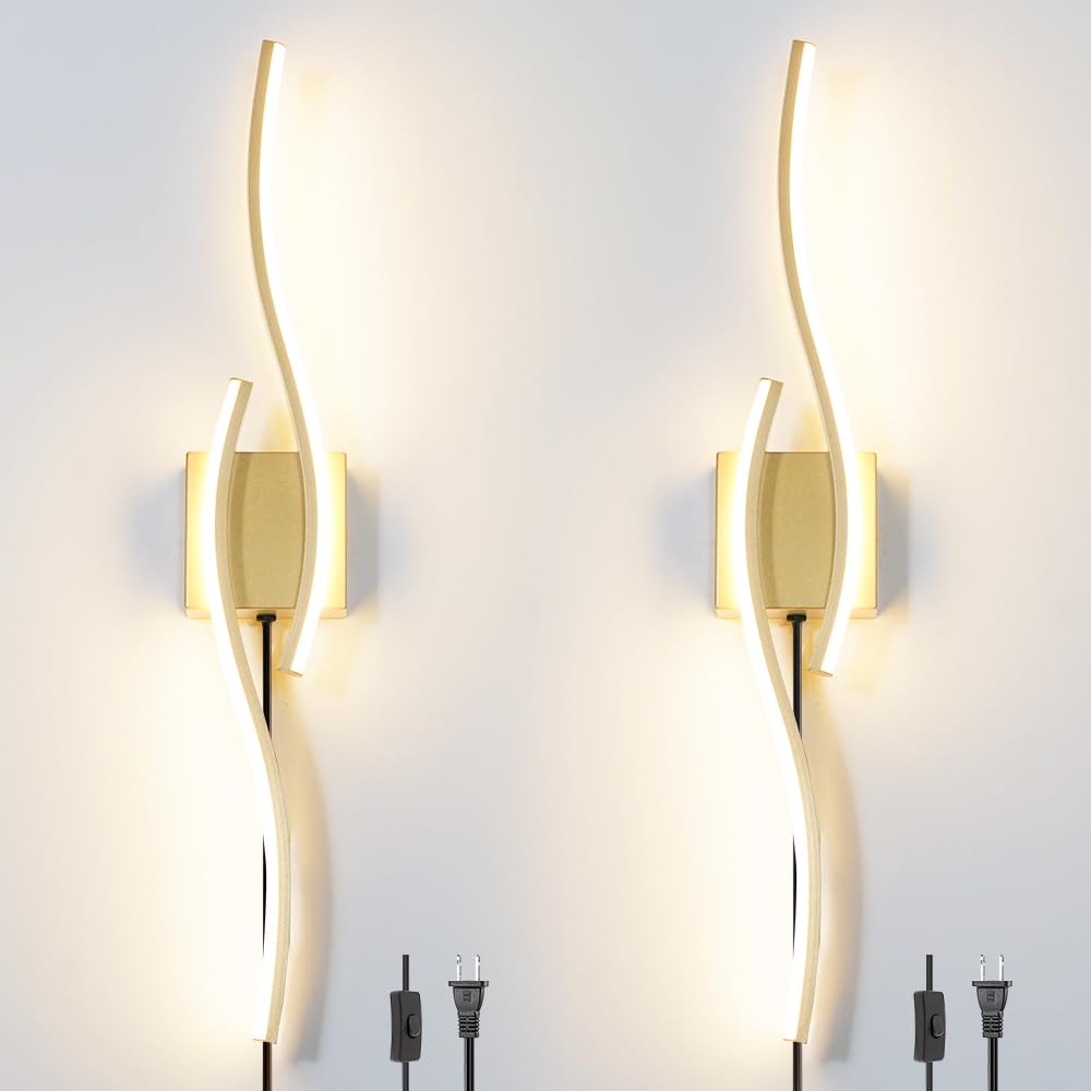 Modern Plug in Wall Sconces Set of Two, RC Dimmable LED Plug in Wall Light, Black Sconce Wall Lighting for Living Room, Hallway, Bedroom
