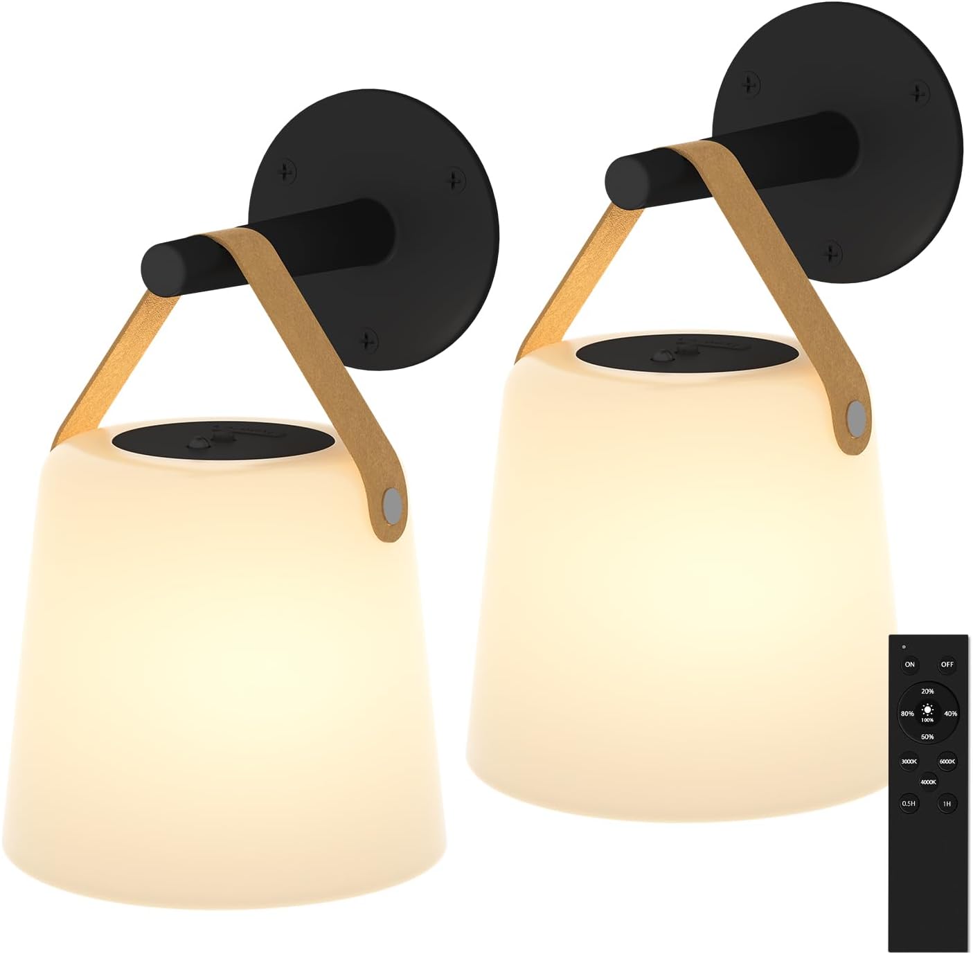 TACAHE Rechargeable Wall Sconce - Plastic Frosted Lampshade - 3 Color Temp & 5 Brightness - Remote Control - 5000 mAh Battery Operated - Cordless Wall Lamp for Camper, RV - Set of 2 (Black)