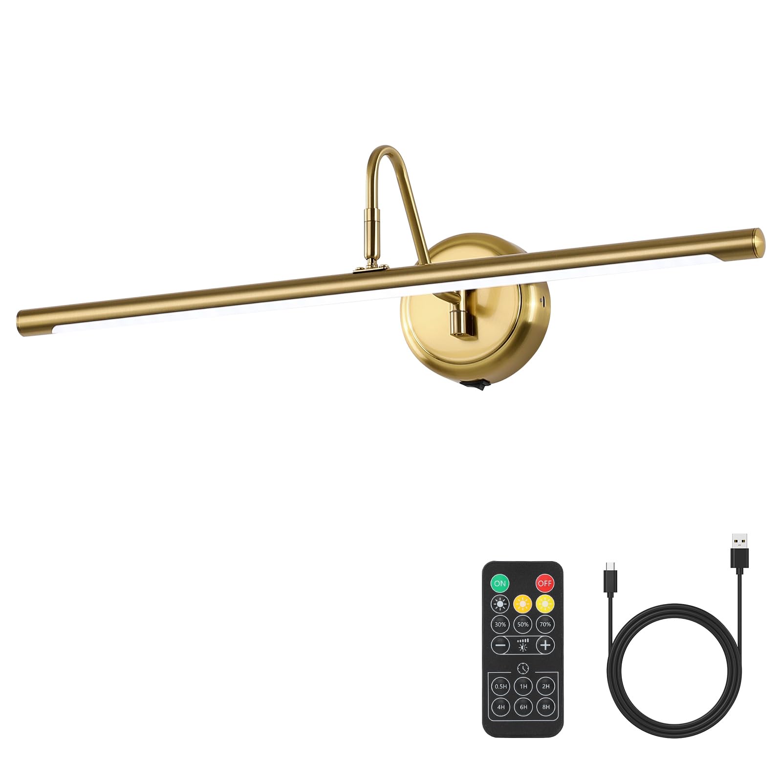JOOSENLUX Battery Operated Picture Light Gold - Modern Wireless Picture Lights for Wall Dimmable 16.5inch Under Cabinet and Swing Arm for Canvas Sconce 3000K CRI95