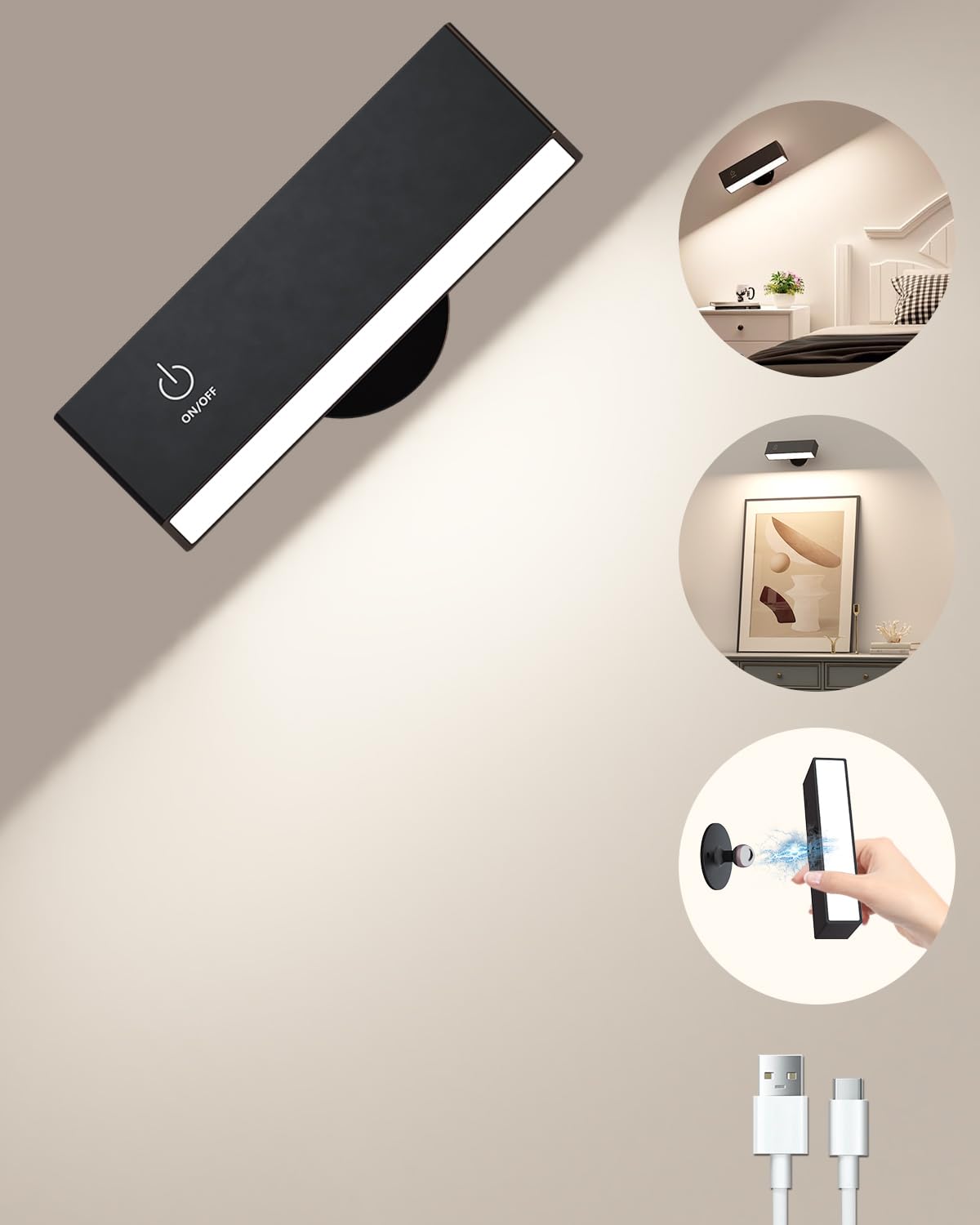 Rechargeable Magnetic Wall Sconce with Remote, Battery Operated Wall Light, Black Wireless Wall Sconce, Black Wall Lamps for Bedroom, Bedside, Kitchen, Cabinet, Living Room, Picture